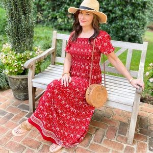 Nordstrom - Red Vintage Paisley Short Sleeve Crew Neckline Shift Dress